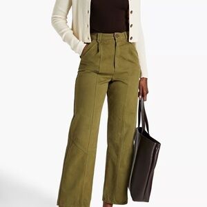 Sandro Sahara Khaki Cropped Wide Leg Pleated Cotton Pants Green